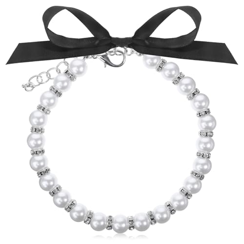 Dog Cat Pearl Necklace Adjustable Pet Necklace Fancy Cat Wedding Collar Jewelry with Bling Accessories and Ribbon Bow Pet Puppy Accessories for Chihuahua Yorkie Girl Clothes Costume Outfits (S, White)