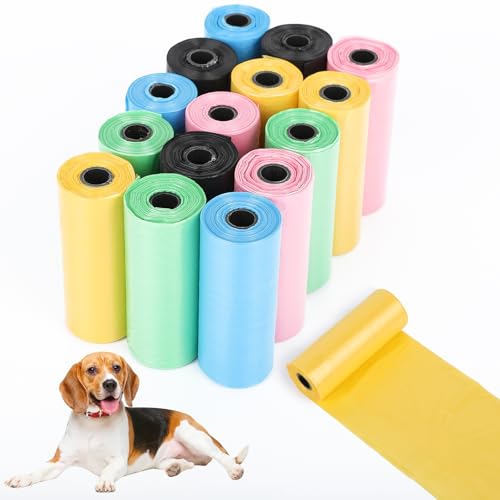 AiQInu 225 Pezzi Sacchetti Cane Cacca, Colorato Sacchetti per Cani, Portatili Bustine Canes, Sacchettis per Escrementi di Cane, Forti e Prova di Perdite, 22 * 30cm (15 Rotoli, 15 per Rotolo)