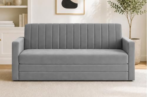 Image of Modern 3 Seater Sofa Cum Bed with Armrest, Velvet Fabric Couch for Living Room, Space Saving Foldable Sleeper Sofa, (Grey-Color)