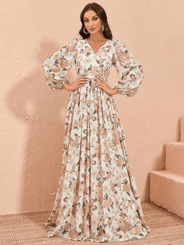 Image of TOLEEN Summer Casual Dresses for Women 2024 Spring Fashion Boho V Neck Long Sleeve Ruffle Floral Print Elegant Maxi Dress