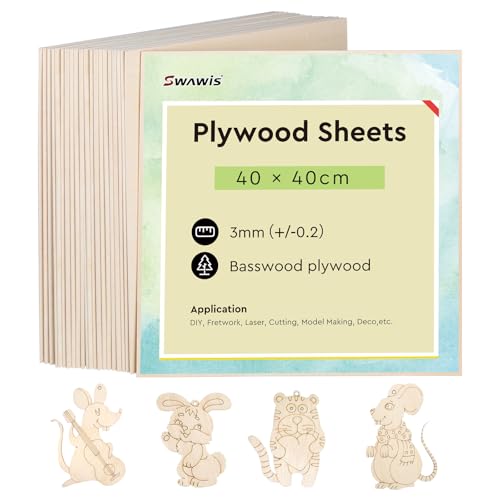SWAWIS 25 Pièces Contreplaqué 3mm, 400 * 400mm Plaque de Bois, Contreplaqué Tilleul Marine, Panneaux Bois pour DIY Fretwork Laser Découpe Modélisme Déco