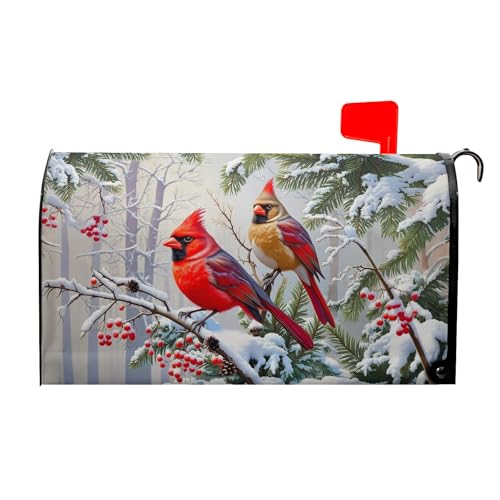 Image of Winter Cardinal Mailbox Covers Magnetic Standard Size 21 inchx18 inch Christmas Mail box Cove Decoration Red Birds Magnetic Mailbox Wraps Post Holly Berry Letter Box Cover for Home Garden Outdoor Yard