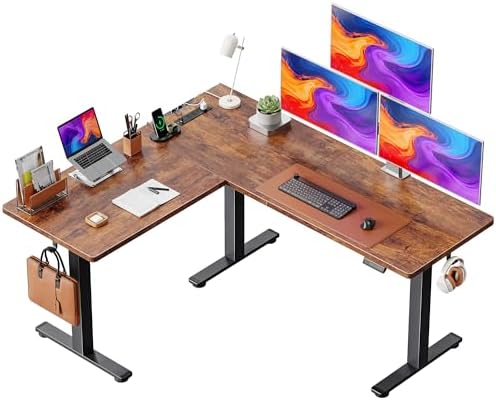 Huuger L Shaped Standing Desk, 63 x 55 Inch Height Adjustable Computer Desk for Bedroom, Corner Stand up Desk with Power Outlets, for Home Office Work and Study, Rustic Brown