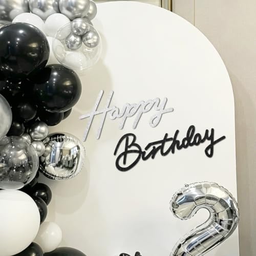 Image of TONIFUL Happy Birthday Sign for Backdrop - Glitter Black Silver Felt Banner - Includes Dot Glue - Perfect for Birthday Party Backdrop,Wall Decr,Balloon Arch,Photo Background