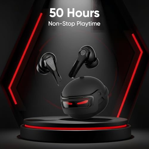 Image of pTron Bassbuds Surge TWS Gaming Earbuds, 40ms Low-Latency, 50Hrs Playtime, Custom EQ, App Support, Dual Mic TruTalk AI-ENC Clear Calls, Pristine Sound, Bluetooth V6.0, IPX5 Water Resistant (Jet Black)