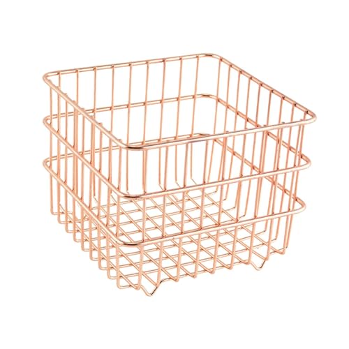 Pitycbo Cesta Organizadora de Cosméticos Organizador Cuadrado de Maquillaje Recipiente Metálico Canasta Versátil de Alambre para Dormitorio Sala de Estar Baño, Oro Rosa 11x11cm, Individual