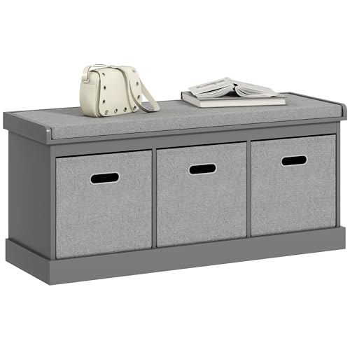 HOMCOM Shoe Bench with 3 Fabric Baskets, Shoe Storage Bench with Seat Cushion, Shoe Cabinet for Entryway, Hallway, Living Room, Bedroom, Grey