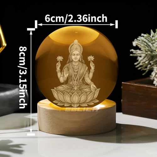 Image of 3D Laxmi MATA Crystal Ball Night Lamp, Laxmi Idol Crystal Ball Night Light, USB Table Colorful Led Wooden Crystel Ball for Home, Office, Birthday Gift (Laxmi MATA)