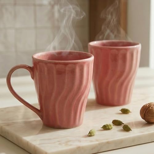 Image of The Earth Store Pink Artisan Wave Coffee Mug - 340ML Ceramic Coffee Mugs Set of 2 | Microwave & Dishwasher Safe Mugs for Gift | Home | Office | Restaurant | Daily Use Tea Mug