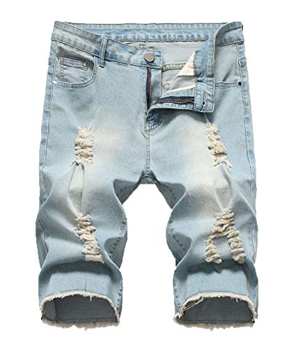 Atditama Men's Casual Mid Waist Straight Leg Cotton Destroyed Knee Length Denim Shorts 32
