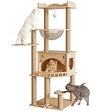 KVIDA 6-Tier Solid Wood Cat Tower 56.7' Heavy Duty Cat Tree for Large Cats, with Solid Wood Base, Condo House, Hammock, Sisal Scratching Posts & Wide Platforms for Indoor Cats