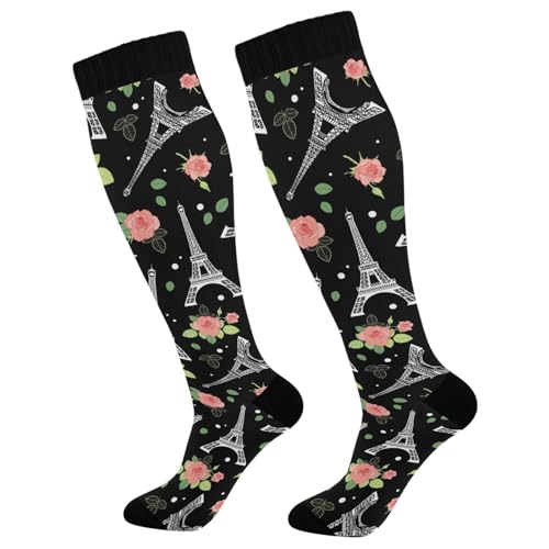 Ksajwzf Compression Socks for Men and Women Eiffel Tower Paris Flower Knee High Socks Support France Paris Theme for Athletic Sport Running Hiking Fitness