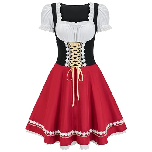 Regenboog Oktoberfest Costume Women,Long Bavarian Dirndl Dress Women,Halloween Dirndl Dress,Beer Maid Outfit,Red,XL