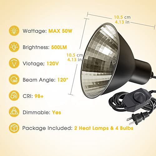 Image of Reptile Heat Lamp, Briignite UVA Basking Light for Reptiles 50W, G9 Halogen Heat Bulb & Dome Reptile Light Fixture, Aluminum Reflector, Dimmable Heat Lamp for Chicken Turtle Snake Gecko Lizard, 2 Pack