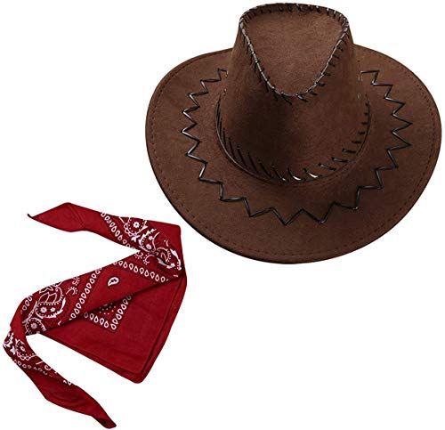 Sombrero Cowboy Cowgirl de Vaquero con Pañuelo Bandanas Paisley de Algodón Toy Story Western Occidental Oeste Country Disfraz para Adulto y Niños (Marrón, Niños/54cm)