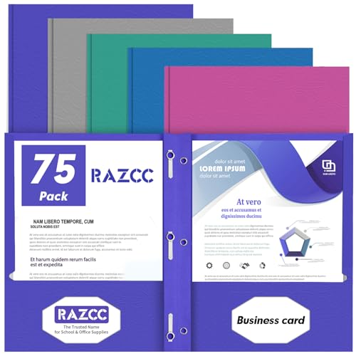 Two Pocket Folders, RAZCC 75 Pack Two Pocket Folders with Prongs, 3 Prong Pocket Folders Letter Size, Paper Folders with Prongs for School Office Home Business, Assorted 5 Colors