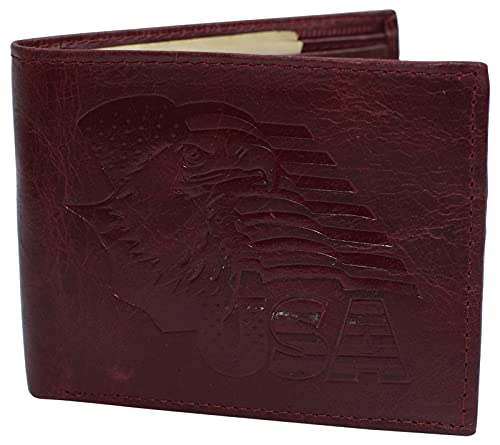 MARSHAL RFID Blocking Genuine Leather Men's Bifold Eagle USA Flag Wallet Gift (Burgundy)3