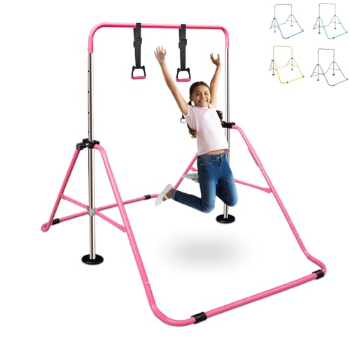 Presenciel Gymnastics Bars Folding Horizontal Bar with Rings, Adjustable Height, Pink