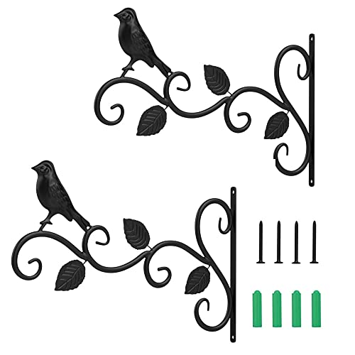 Loopunk 2 Stück Blumenampel Haken,Pflanzenhalterung Blumenampelhalter Eisen,Schwarz mit Blatt Vögel Deko Hängekorb Halterung Eisen Pflanzenhalterung Wandhaken mit Schrauben Hängepflanze Haken