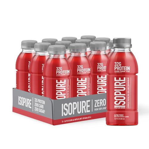 Isopure 32g Whey Protein Isolate Drink, Alpine Punch – Zero Carb, Zero Sugar, Keto Friendly, Lactose Free, Gluten Free, Ready-to-Drink, 16.9 fl oz Bottles (12 Pack)