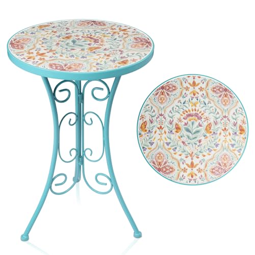 MUMTOP Mesa auxiliar de mosaico para exteriores, mesa redonda de patio, mesa auxiliar redonda de cristal estilo palacio, soporte para plantas, mesa auxiliar pequeña para decoración de jardín o sala de
