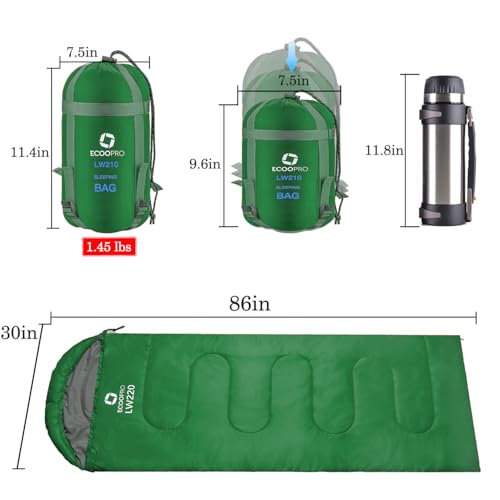 ECOOPRO Warm Weather Sleeping Bag - Portable, Waterproof, Compact Lightweight, Comfort with Compression Sack - Great for Outdoor Camping, Backpacking & Hiking-83 L x 30" W Fits Adults(Emerald Green)