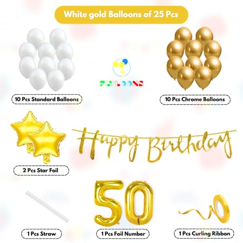 Image of Flyloons 50th Happy Birthday Decoration Kit Gold White for Boys Girls Men Women Adults With 20 Pcs Chrome Balloons Birthday Banner 2 Pcs Star Items Set