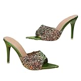 RYNKOMA Women's Sequined Pointed Open Toe Stiletto Heel Walking Slide Sandals Fashion Elegant Shiny Slip-On Comfort High Heel Dress Mule Slippers for Prom Wedding Party (Green,6)