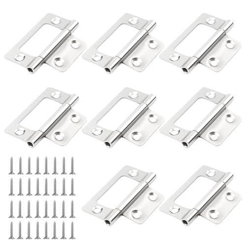 8 Pack Flush Hinges, Bifold Door Hinge 2 Inch Silent Flush Hinges No Mortise Ball Bearing Hinge with 32 Screws for Door, Windows, Closet, Drawer (Silver)