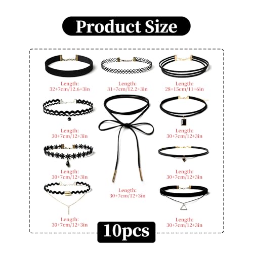 10 Stück Choker Kette Damen Set,Choker Halskette Schwarze,Samt Leder Halsband Velvet Collier Joker Kette,Gothic Classic Kropfband Tattoo,Spitze Necklace Schmuck Geschenk für Frauen Mädchen Teenager
