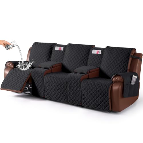 Image of KinCam 100% Waterproof Recliner Sofa Cover with Console, Non-Slip Reclining Couch Covers for 3 Seat, Recliner Couch Cover Furniture Protector with Elastic Straps for Pets, Kids, Black