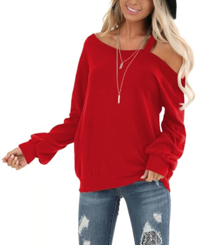 Ezbelle Womens Sweaters Oversized Long Sleeve Cold Shoulder Tops Shirt Tunic Sweatshirt2