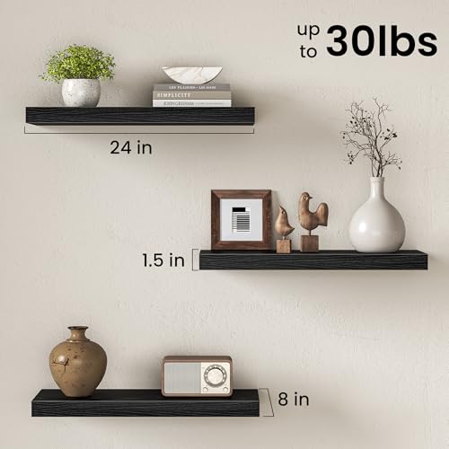 Image of Fun Memories 24Inch Floating Shelves for Wall, 8 Inch Deep Shelves for Bathroom|Bedroom|Kitchen Wall Mounted, Wood Hanging Shelf with Invisible Brackets for Home Storage Decor, Black - 2 Pack