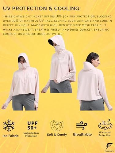 Image of FabSports Women's Croptop UV Protection Sun Screen Jacket, Full Zip Sun Protection Clothing, Lightweight with UPF 50+ Protection for Outdoors, with Pockets, Sun Protective Clothing for Women