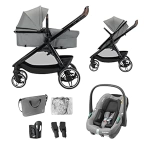 Maxi-Cosi Zelia Select Trio, Baby Kinderwagen 3 in 1 mit Kindersitz, 0–4 Jahre (0–22 kg), Einhändig Klappbar, Kompaktes und Wendbares Kinderwagen Set, Mit CabrioFix S i-Size-Kindersitz, Grau