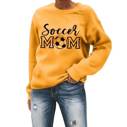Image of Women's Long Sleeve Crew Neck Graphic Pullover with Letter Print for Proud Basketball Moms, Soft Cotton Blend Casual Top for Everyday Wear, Relaxed Fit Comfortable Tee Shirt (Yellow, L)