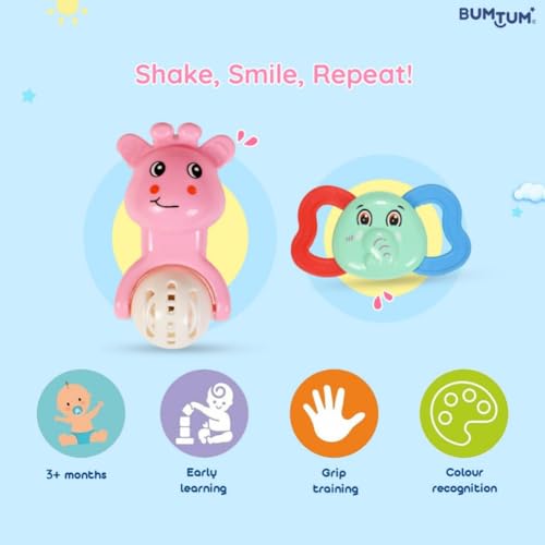 Image of BUMTUM 7Pcs. Baby Rattles Attractive Colorful Plastic Non Toxic BPA Free for New Born Babies and Infants (Pack of 1, Multicolor & Multi Designs)