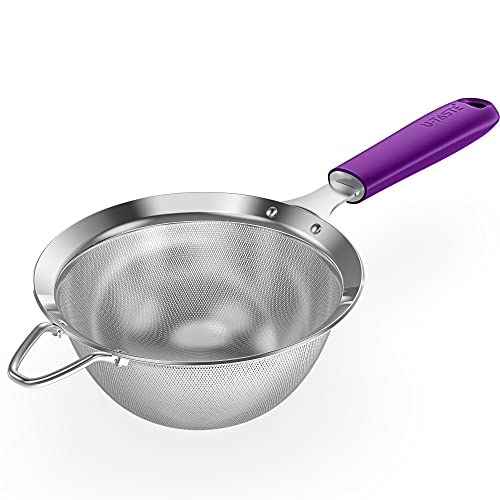 U-Taste 18/8 Stainless Steel Mesh Strainer: 5.5 Inch Kitchen Fine Mesh Sieve Food Colander with Riveted Sturdy Silicone Handle and 30 Mesh Hole for Straining Flour, Pasta, Fruit, Quinoa (Purple)