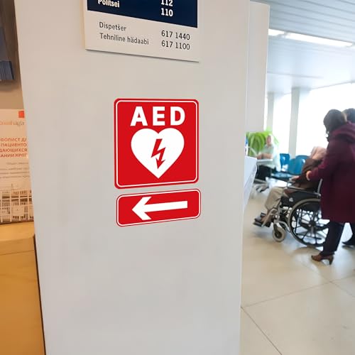 4PCS AED Sign Stickers, Waterproof Durable Automated External Defibrillator Inside Label with Arrows, Emergency AED Accessories for Wall Cabinet, Home & Box(Red)