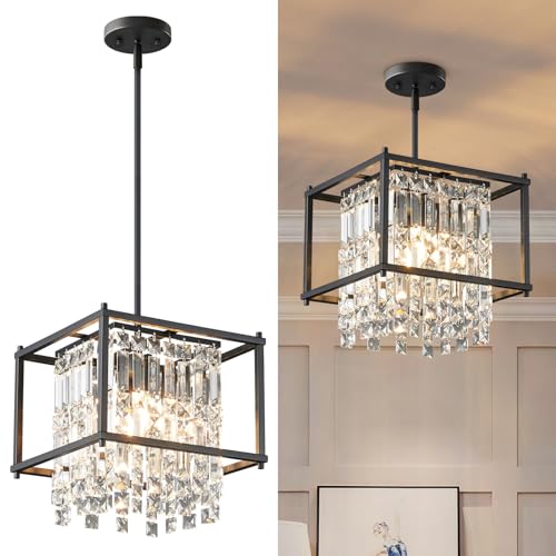 Image of LMQNINE Modern Foyer Chandelier, Black Crystal Chandelier Entryway Light Fixture, Square Adjustable Height Chandeliers for Kitchen Island, L11.81'' x H7.87''