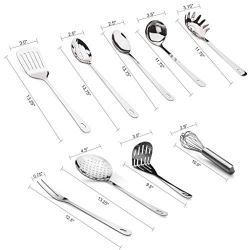 Premium 9 Piece Stainless Steel Cooking & Serving Set - Slotted Turner & Spoon, Solid Spoon, Large Fork, Ladle, Skimmer, Whisk, Potato Masher & Pasta Server - Heavy Gauge Durability - Mirror Finish - Thumbnail 3