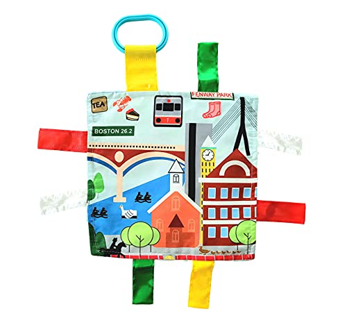 Image of Baby Jack & Co 8x8 inch Learning Lovey Boston Massachusetts Tag Toys for Babies - Baby Crinkle Toys - Soft & Safe - Learn USA Cities and Shapes - Ideal Baby Toy & Gift BPA Free w /Stroller Clip