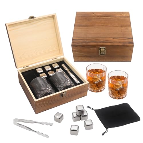 Juego de regalo de vasos de whisky en caja de madera elegante con piedras de acero 2