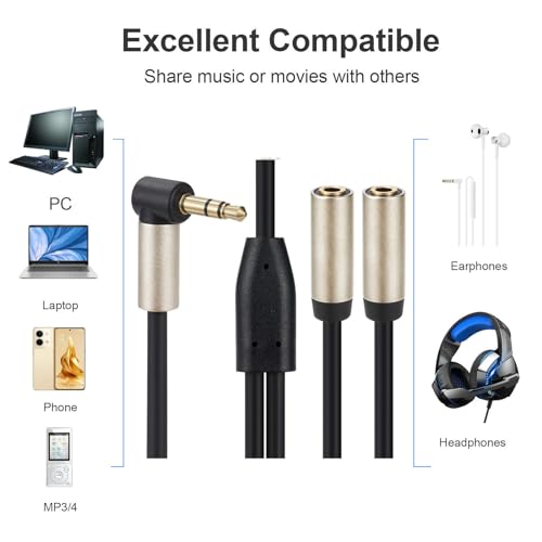 Cable divisor de audio Jack 3.5mm ángulo 90° macho a 2 hembra miniatura 4