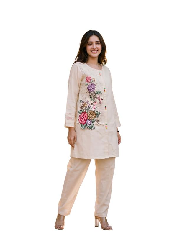 Beige Floral Embroidered Co-ord Set For Women-image-36