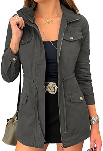 Ybenlow Womens Military Jacket Zip Up Lightweight Safari Utility Drawstring Casual Anorak Jackets with Pockets