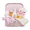 Babygeschenkset – roze mand vol babyproducten in een babymeisje aandenkendoos