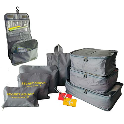 Preisvergleich Produktbild HONGCI Kleidertaschen-Set 8-teilig, Koffer Organizer Reise Kleidertaschen - wasserdichte Kofferorganizer Packtaschen Reisegepäck für Kleidung Schuhe Unterwäsche Kosmetik (Grau)