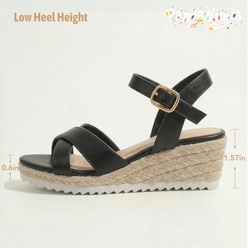 Image of PANDNAINJIA Girls Sandals Wedge Platform Heels Dress Shoes | Little Big Kids Girl Cross Strap Sandal Adjustable Espadrille Flatform Lightweight Flower Wedding Party Shoes