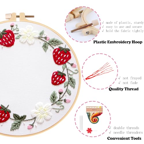 Image of Topapfo Strawberry Embroidery Kit for Beginners Adults, Funny Embroidery Patterns Hoops Thread Needles Tutorials